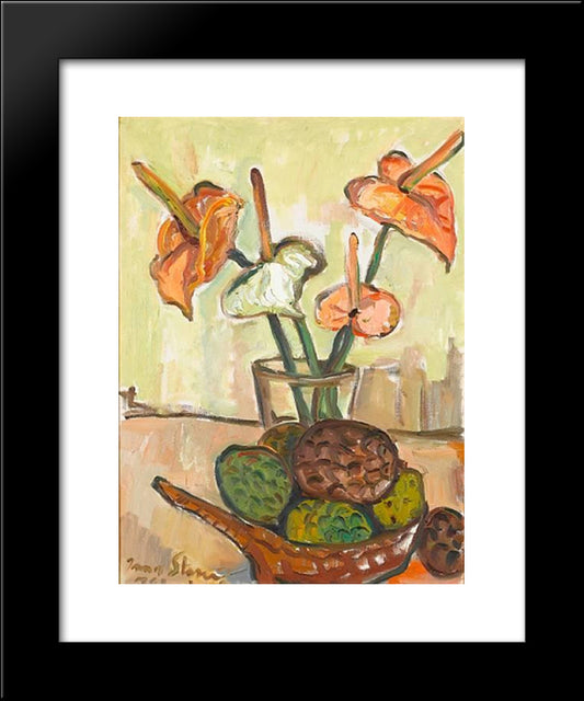 Still Life With Anthuriums And Fruit 20x24 Black Modern Wood Framed Art Print Poster by Stern, Irma