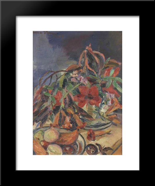 Still Life With Hibiscus, Angel'S Trumpets And Fruits 20x24 Black Modern Wood Framed Art Print Poster by Stern, Irma