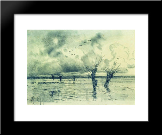 Spring. Cranes Flying. 20x24 Black Modern Wood Framed Art Print Poster by Levitan, Isaac