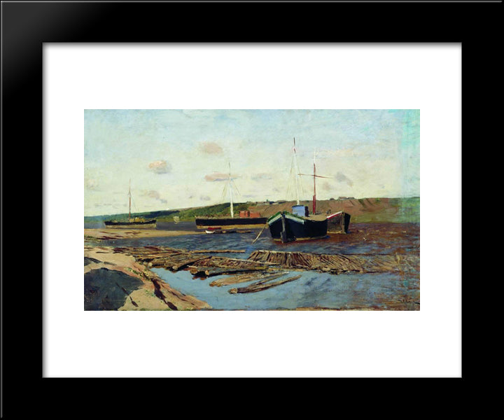 Volga. Barges. 20x24 Black Modern Wood Framed Art Print Poster by Levitan, Isaac