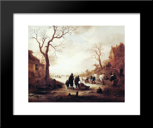 A Canal In Winter 20x24 Black Modern Wood Framed Art Print Poster by Ostade, Isaac van