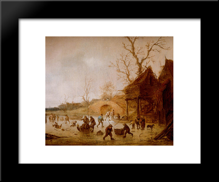 A Winter Landscape With Skaters, Children Playing Kolf And Figures With Sledges On The Ice Near A Bridge 20x24 Black Modern Wood Framed Art Print Poster by Ostade, Isaac van