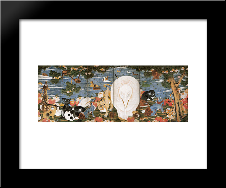 Birds, Animals, And Flowering Plants In Imaginary Scene 20x24 Black Modern Wood Framed Art Print Poster by Jakuchu, Ito