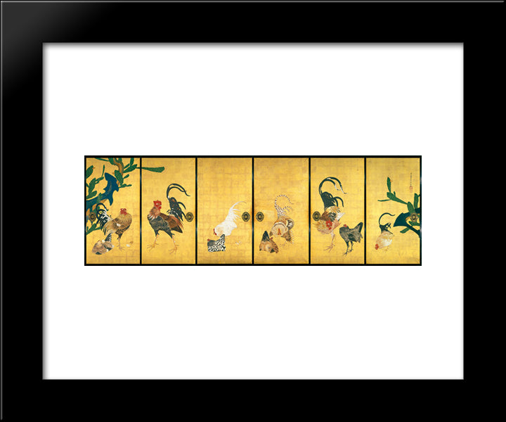 Cactus And Roosters 20x24 Black Modern Wood Framed Art Print Poster by Jakuchu, Ito
