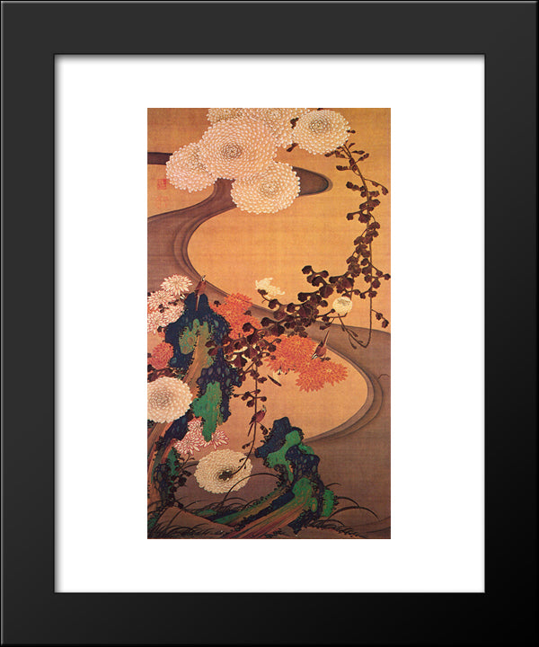Chrysanthemums By A Stream, With Rocks 20x24 Black Modern Wood Framed Art Print Poster by Jakuchu, Ito