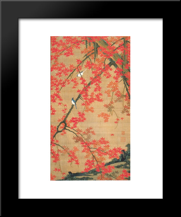 Maple Tree And Small Birds 20x24 Black Modern Wood Framed Art Print Poster by Jakuchu, Ito