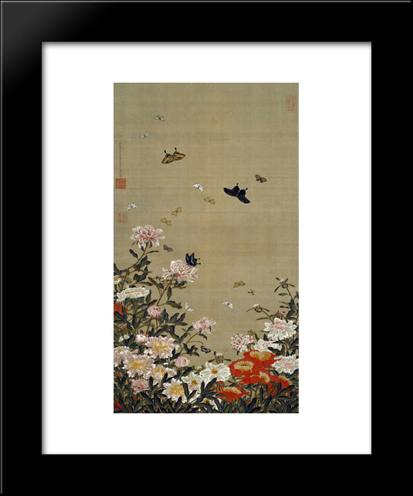 Peonies And Butterflies 20x24 Black Modern Wood Framed Art Print Poster by Jakuchu, Ito