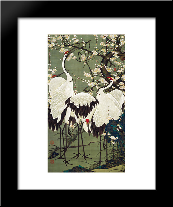 Plum Blossoms And Cranes 20x24 Black Modern Wood Framed Art Print Poster by Jakuchu, Ito