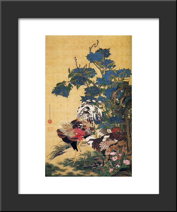 Rooster And Hen With Hydrangeas 20x24 Black Modern Wood Framed Art Print Poster by Jakuchu, Ito