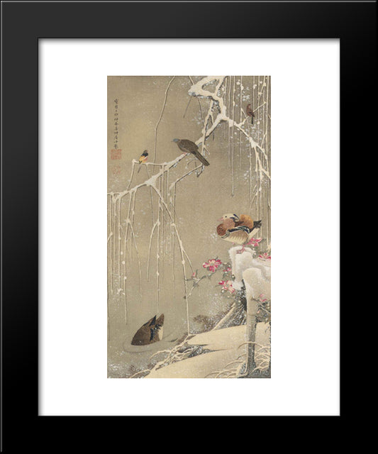 Willow Tree And Mandarin Ducks In The Snow 20x24 Black Modern Wood Framed Art Print Poster by Jakuchu, Ito