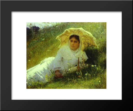Woman With An Umbrella (In The Grass, Midday) 20x24 Black Modern Wood Framed Art Print Poster by Kramskoy, Ivan