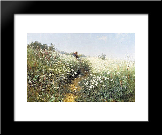 A Woman Under An Umbrella On A Flowering Meadow 20x24 Black Modern Wood Framed Art Print Poster by Shishkin, Ivan