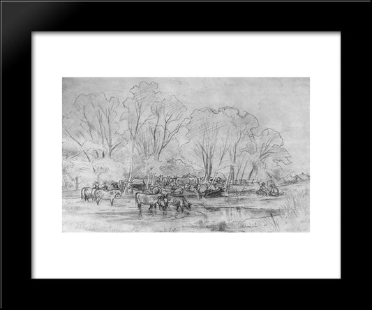 Herd Near A Stream 20x24 Black Modern Wood Framed Art Print Poster by Shishkin, Ivan