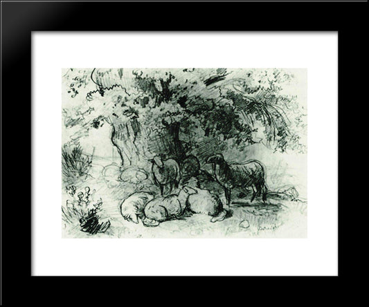 Herd Of Sheep Under An Oak Tree 20x24 Black Modern Wood Framed Art Print Poster by Carlsen, Emil