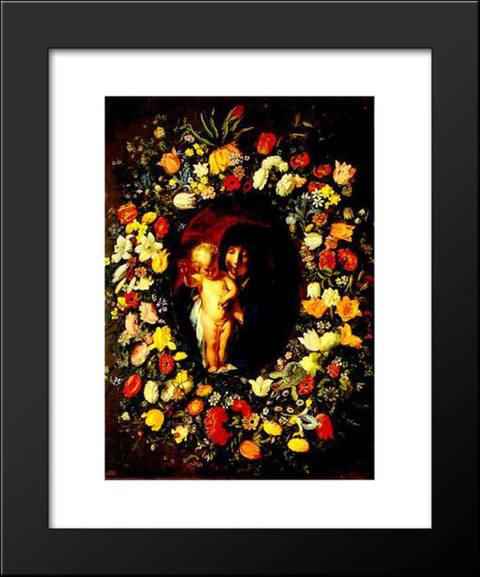 Madonna And Child Wreathed With Flowers 20x24 Black Modern Wood Framed Art Print Poster by Jordaens, Jacob