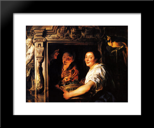 Servant With A Fruit Basket And A Pair Of Lovers 20x24 Black Modern Wood Framed Art Print Poster by Jordaens, Jacob