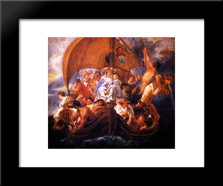 The Holy Family With Characters And Animals In A Boat 20x24 Black Modern Wood Framed Art Print Poster by Jordaens, Jacob