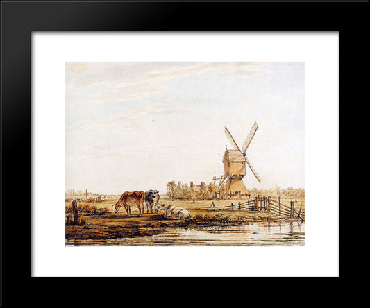 Landscape With Mill And Cattle 20x24 Black Modern Wood Framed Art Print Poster by van Strij, Jacob