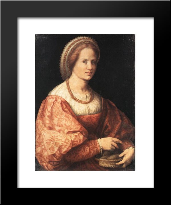 Lady With A Basket Of Spindles 20x24 Black Modern Wood Framed Art Print Poster by Pontormo, Jacopo