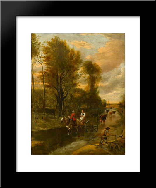 A Horse-Drawn Cart With Two Women Travelling Down A Flooded Road At The Edge Of A Wood 20x24 Black Modern Wood Framed Art Print Poster by Siberechts, Jan