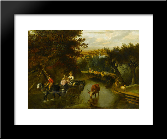 A Wooded Landscape With Peasants In A Horse-Drawn Cart Travelling Down A Flooded Road 20x24 Black Modern Wood Framed Art Print Poster by Siberechts, Jan