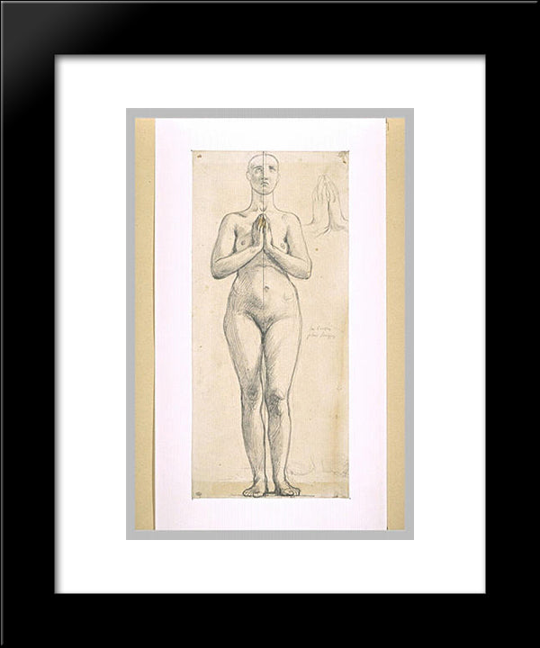 Nude Woman Standing, Front View, Hands Clasped In Front Of The Chest 20x24 Black Modern Wood Framed Art Print Poster by Ingres, Jean Auguste Dominique