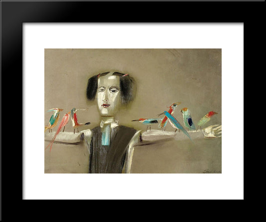 Scarecrow And Birds 20x24 Black Modern Wood Framed Art Print Poster by Jean David