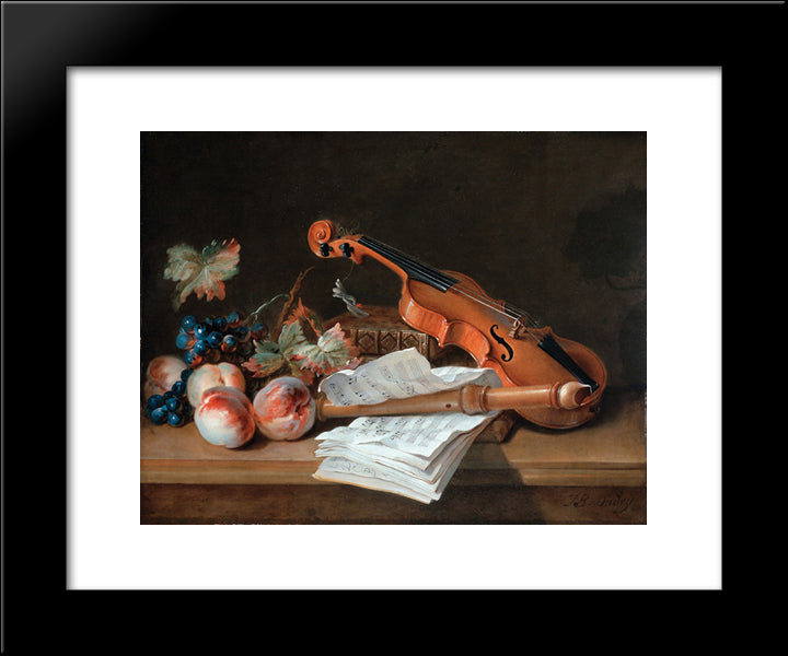 Still Life With A Violin, A Recorder, Books, A Portfolio Of Sheet Of Music, Peaches And Grapes On A Table Top 20x24 Black Modern Wood Framed Art Print Poster by Oudry, Jean Baptiste