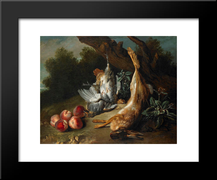 Still Life With Dead Game And Peaches In A Landscape 20x24 Black Modern Wood Framed Art Print Poster by Oudry, Jean Baptiste