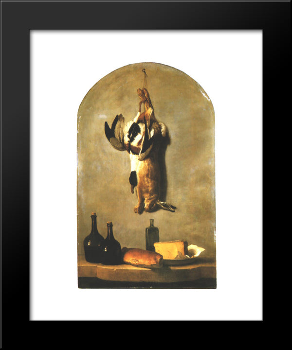 Still Life With Hare, Duck, Loaf Of Bread, Cheese And Flasks Of Wine 20x24 Black Modern Wood Framed Art Print Poster by Oudry, Jean Baptiste