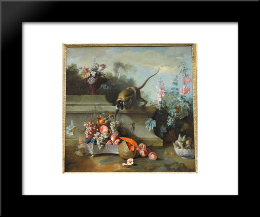 Still Life With Monkey, Fruits, And Flowers 20x24 Black Modern Wood Framed Art Print Poster by Oudry, Jean Baptiste