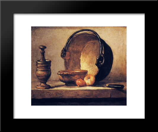 Still Life With Pestle, Bowl, Copper Cauldron, Onions And A Knife 20x24 Black Modern Wood Framed Art Print Poster by Chardin, Jean Baptiste Simeon