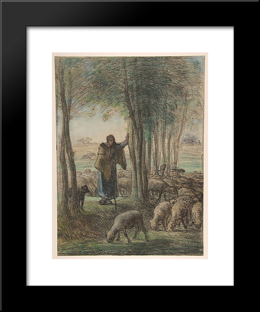 A Shepherdess And Her Flock In The Shade Of Trees 20x24 Black Modern Wood Framed Art Print Poster by Millet, Jean Francois