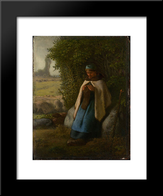 Shepherdess Seated On A Rock 20x24 Black Modern Wood Framed Art Print Poster by Millet, Jean Francois