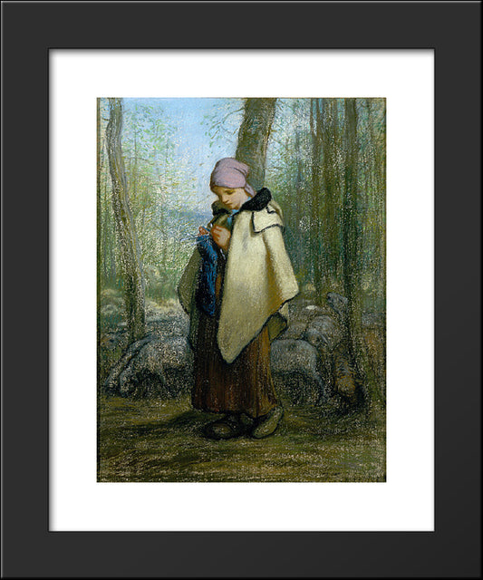 The Knitting Shepherdess 20x24 Black Modern Wood Framed Art Print Poster by Millet, Jean Francois