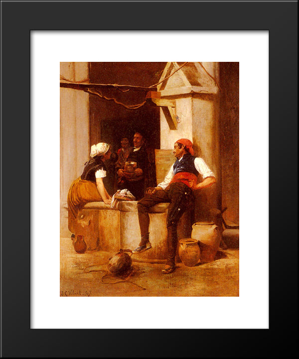 Chatting By The Fountain 20x24 Black Modern Wood Framed Art Print Poster by Vibert, Jehan Georges