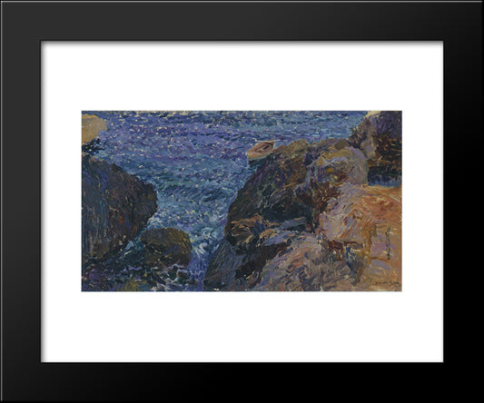 Rocks At Javea, The White Boat 20x24 Black Modern Wood Framed Art Print Poster by Sorolla, Joaquin