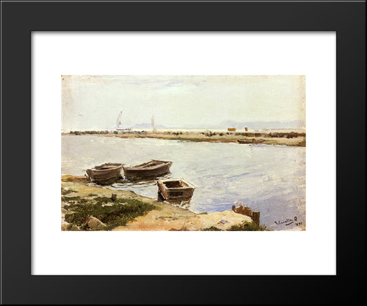 Three Boats By A Shore 20x24 Black Modern Wood Framed Art Print Poster by Sorolla, Joaquin