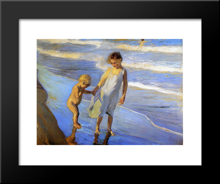 Valencia, Two Little Girls On A Beach 20x24 Black Modern Wood Framed Art Print Poster by Sorolla, Joaquin
