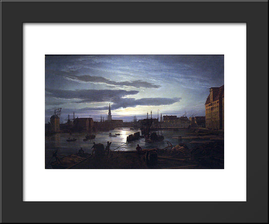 Copenhagen Harbour By Moonlight 20x24 Black Modern Wood Framed Art Print Poster by Dahl, Johan Christian