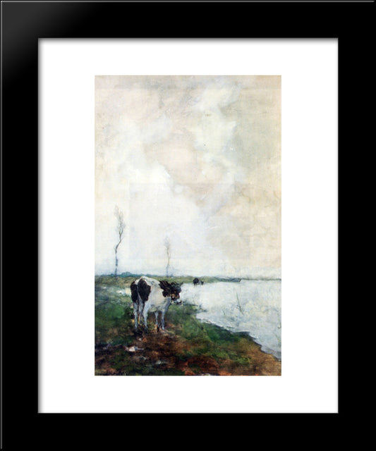 A Cow Standing By The Waterside In A Polder 20x24 Black Modern Wood Framed Art Print Poster by Weissenbruch, Johan Hendrik