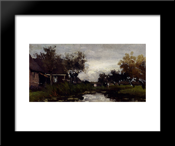 Farmhouses On The Waterfront 20x24 Black Modern Wood Framed Art Print Poster by Weissenbruch, Johan Hendrik