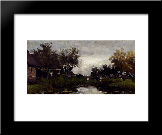 Farmhouses On The Waterfront 20x24 Black Modern Wood Framed Art Print Poster by Weissenbruch, Johan Hendrik