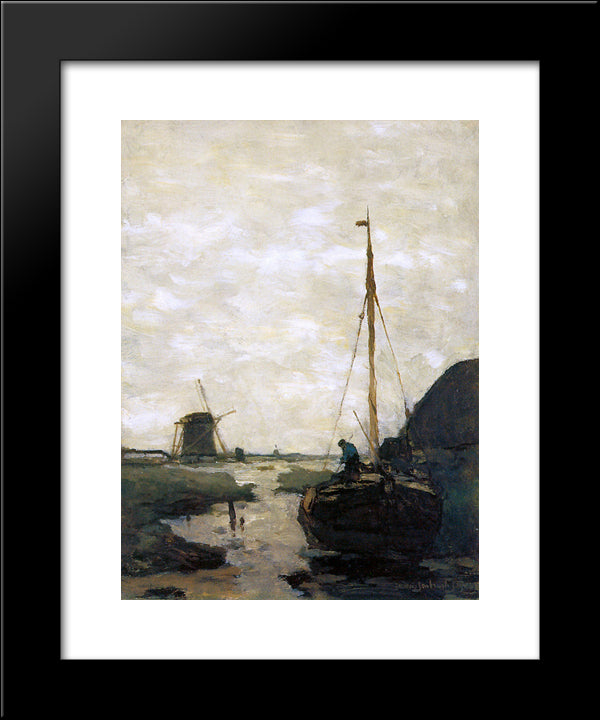 Ship In Polder Canal 20x24 Black Modern Wood Framed Art Print Poster by Weissenbruch, Johan Hendrik