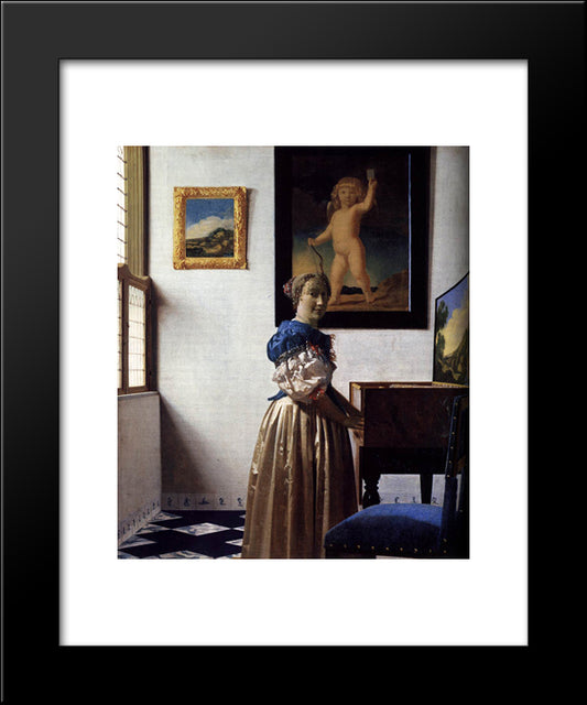 A Lady Standing At A Virginal 20x24 Black Modern Wood Framed Art Print Poster by Vermeer, Johannes
