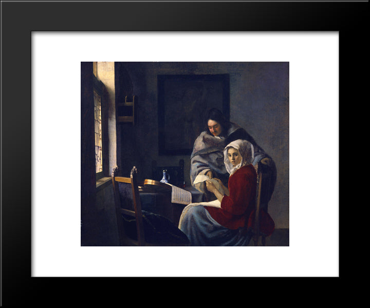 Girl Interrupted At Her Music 20x24 Black Modern Wood Framed Art Print Poster by Vermeer, Johannes