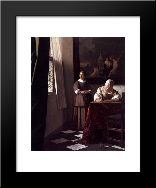 Lady Writing A Letter With Her Maid 20x24 Black Modern Wood Framed Art Print Poster by Vermeer, Johannes
