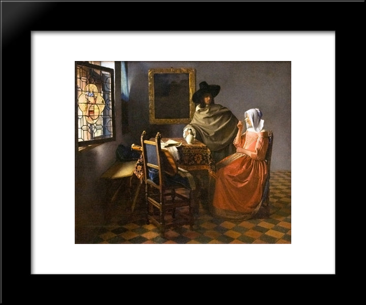 The Glass Of Wine 20x24 Black Modern Wood Framed Art Print Poster by Vermeer, Johannes