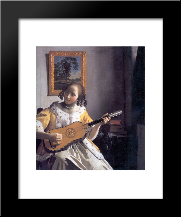 Youg Woman Playing A Guitar 20x24 Black Modern Wood Framed Art Print Poster by Vermeer, Johannes