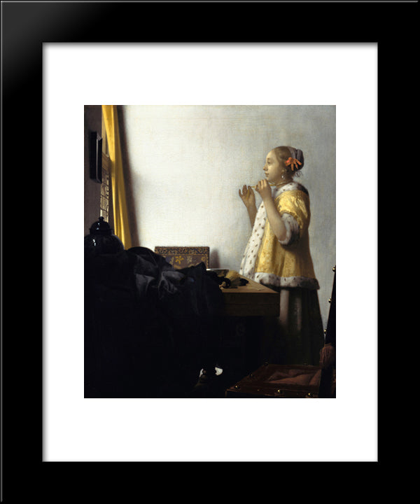 Young Woman With A Pearl Necklace 20x24 Black Modern Wood Framed Art Print Poster by Vermeer, Johannes